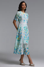 Load image into Gallery viewer, Pillose Resort Cinched Round Neck Short Sleeve Floral Print Lace Green Maxi Dress