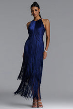 Load image into Gallery viewer, Sahara Chic Contour Halter Fringe Bandage Maxi Dress