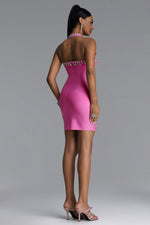 Charger l'image dans la visionneuse de la Galerie, Manik Glamorous Contour Halter Rhinestone Bandage Pink Mini Dress