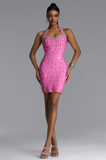 Charger l'image dans la visionneuse de la Galerie, Manik Glamorous Contour Halter Rhinestone Bandage Pink Mini Dress