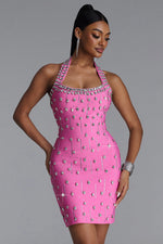 Charger l'image dans la visionneuse de la Galerie, Manik Glamorous Contour Halter Rhinestone Bandage Pink Mini Dress