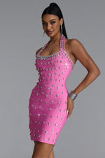 Charger l'image dans la visionneuse de la Galerie, Manik Glamorous Contour Halter Rhinestone Bandage Pink Mini Dress