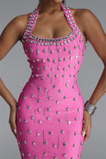 Charger l'image dans la visionneuse de la Galerie, Manik Glamorous Contour Halter Rhinestone Bandage Pink Mini Dress