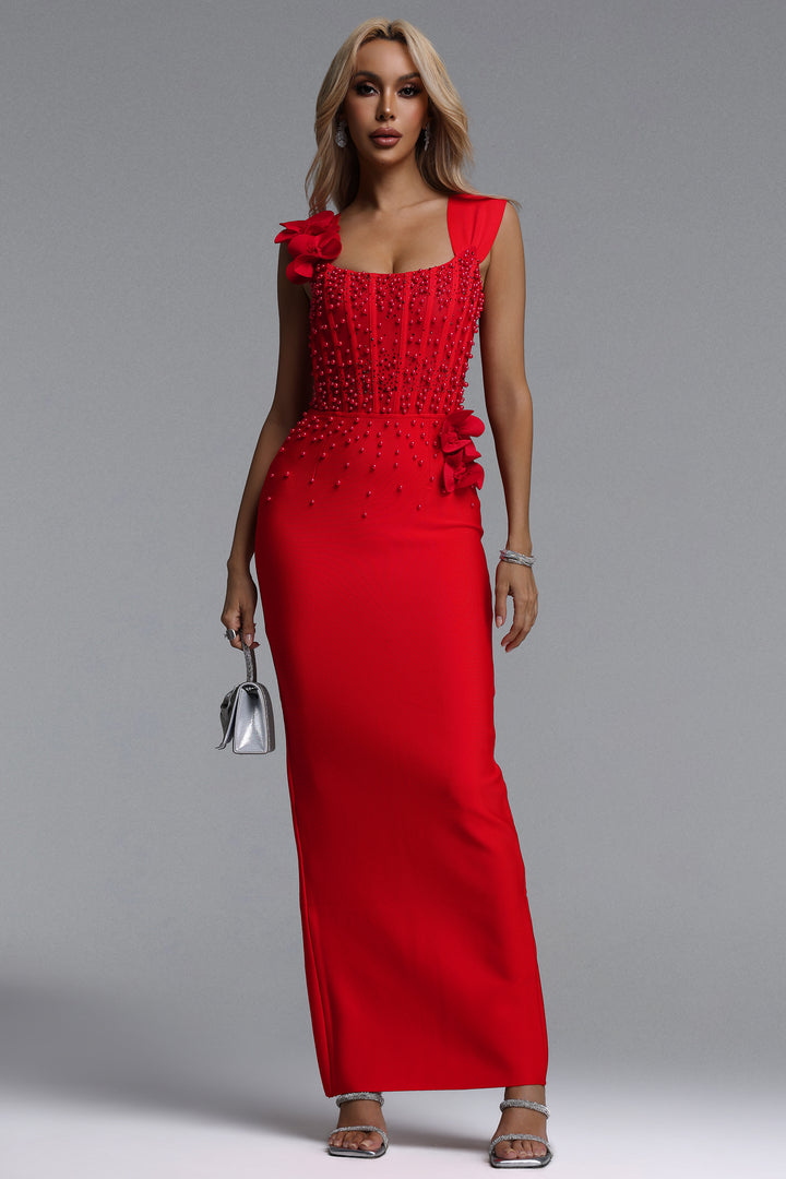 Oria Glamorous Contour Square Neck Pearl Floral Bandage Maxi Dres