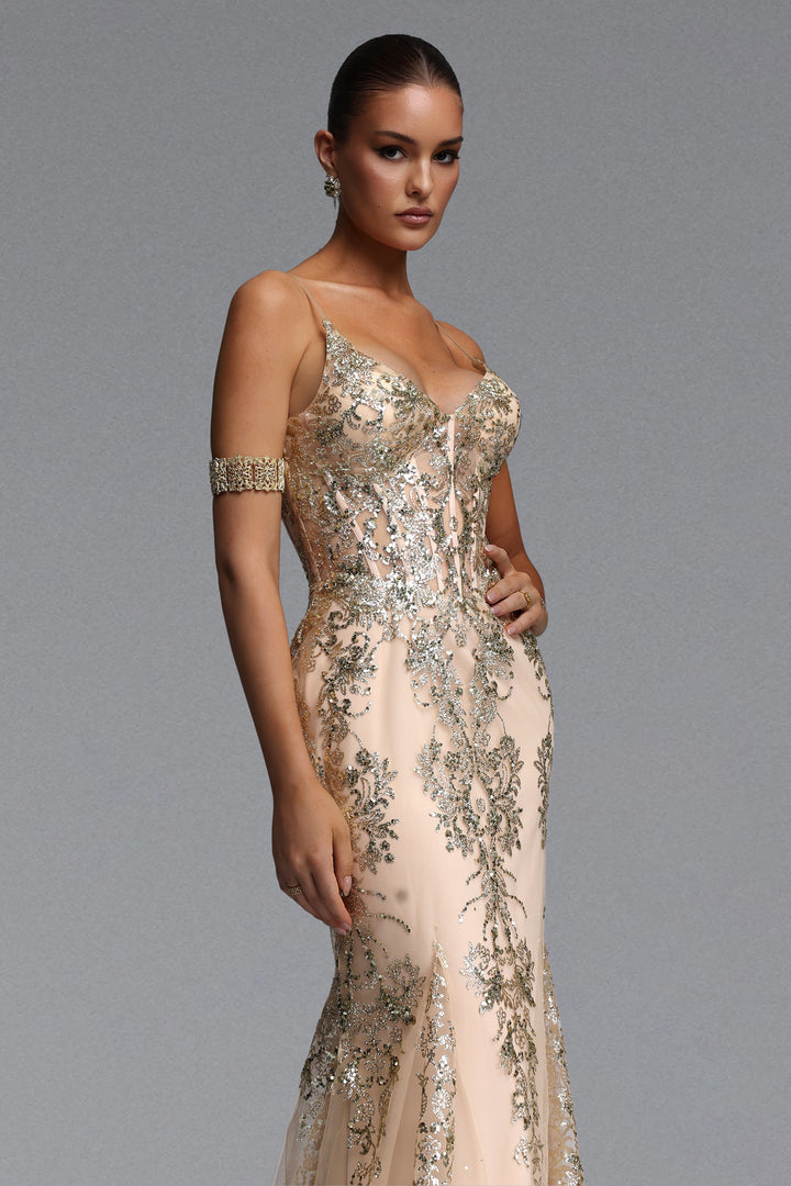 Miriam Elegant Contour V Neck Sequin Maxi Dress