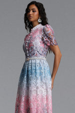 Charger l'image dans la visionneuse de la Galerie, Weiss Resort Cinched Short Sleeve Floral Print Lace Midi Dress