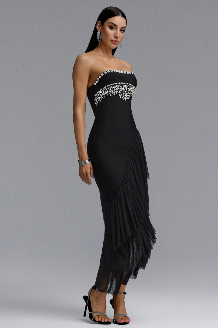 Ella Dynamic Contour Strapless Floral Leaf Rhinestone Asymmetric Mesh Bandage Midi Dress	