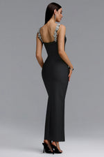 Lade Bild in die Galerieansicht, Lila Elegant Contour Spaghetti Strap V Neck Large Leaf Rhinestone Bandage Midi Dress