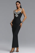 Lade Bild in die Galerieansicht, Lila Elegant Contour Spaghetti Strap V Neck Large Leaf Rhinestone Bandage Midi Dress