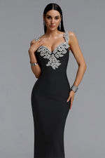 Lade Bild in die Galerieansicht, Lila Elegant Contour Spaghetti Strap V Neck Large Leaf Rhinestone Bandage Midi Dress