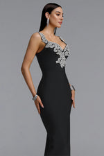 Lade Bild in die Galerieansicht, Lila Elegant Contour Spaghetti Strap V Neck Large Leaf Rhinestone Bandage Midi Dress