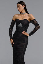 Load image into Gallery viewer, Unica Slim Fit Off Shoulder Long Sleeve Mesh Heart Rhinestone Ruched Bandage Top and Skirt Set	