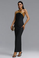 Load image into Gallery viewer, Riza Chic Contour Halter Rhinestone Bandage Gold Maxi Dress
