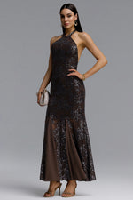 Load image into Gallery viewer, Yuhie Luxurious Contour Halter Open Back Floral Sequin Midi Dress	