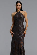 Load image into Gallery viewer, Yuhie Luxurious Contour Halter Open Back Floral Sequin Midi Dress	