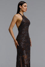 Load image into Gallery viewer, Yuhie Luxurious Contour Halter Open Back Floral Sequin Midi Dress	