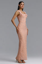 Load image into Gallery viewer, Shea Elegant Contour Square Neck Floral Pearl Bandage Beige Maxi Dress	
