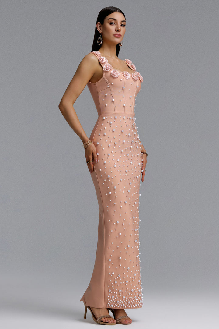 Shea Elegant Contour Square Neck Floral Pearl Bandage Beige Maxi Dress	