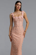 Load image into Gallery viewer, Shea Elegant Contour Square Neck Floral Pearl Bandage Beige Maxi Dress	