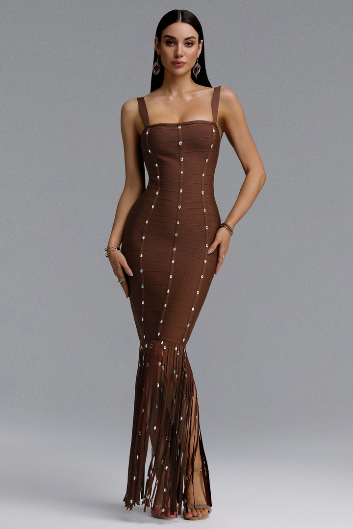 Leah Sleeveless Diamond Tassel Bandage Brown Maxi Dress	