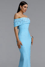 Load image into Gallery viewer, Isme Elegant Contour Off Shoulder Pearl Rhinestone Bandage Blue Maxi Dress	