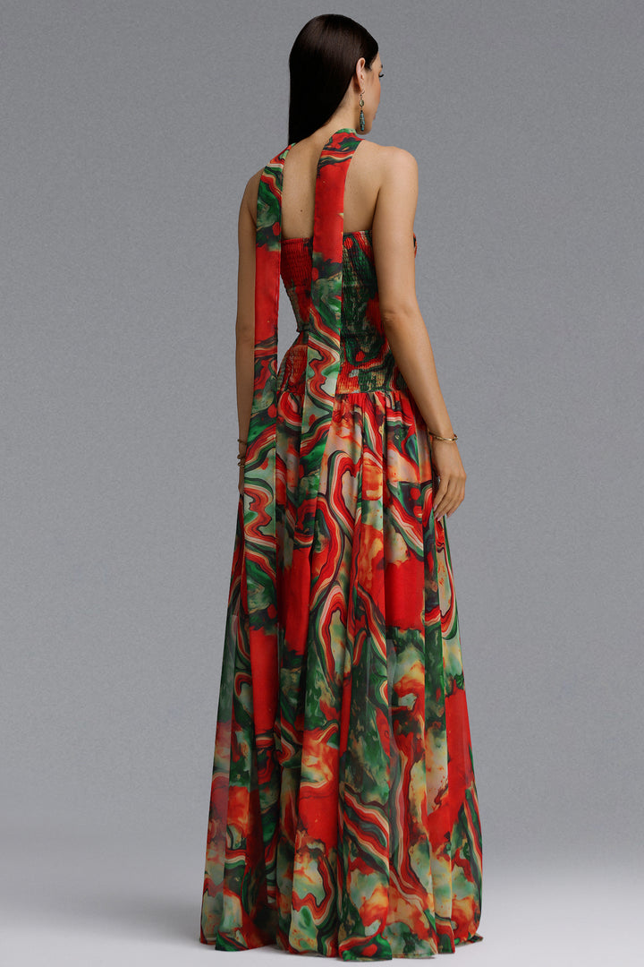 Roxany Vintage Contour Halter Strapless Scarf Fluid Oil Paint Maxi Dress	