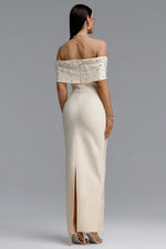Load image into Gallery viewer, Isme Elegant Contour Off Shoulder Pearl Rhinestone Bandage Light Beige Maxi Dress	