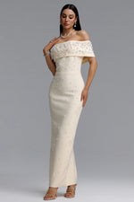 Load image into Gallery viewer, Isme Elegant Contour Off Shoulder Pearl Rhinestone Bandage Light Beige Maxi Dress	