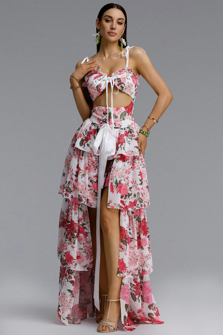 Pale Chic Flowy Halter Cut Out Floral Print Ruffle Pink Maxi Dress	