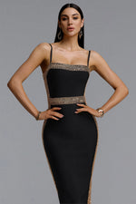 Lade Bild in die Galerieansicht, Lestie Minimalist Contour Straight Neck Gold Woven Bandage Midi Dress