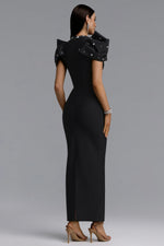 Load image into Gallery viewer, Vazada Elegant Contour High Neck Bow Puff Sleeve Bandage Black Maxi Dress	