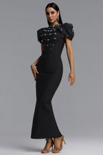 Load image into Gallery viewer, Vazada Elegant Contour High Neck Bow Puff Sleeve Bandage Black Maxi Dress	