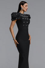 Load image into Gallery viewer, Vazada Elegant Contour High Neck Bow Puff Sleeve Bandage Black Maxi Dress	