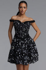 Load image into Gallery viewer, Tafari Romantic Tailored Off Shoulder Floral Woven Mini Dress	
