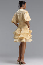 Lade Bild in die Galerieansicht, Fagra Resort Flowy Puff Sleeve Ruffle Shimmer Satin Mini Dress