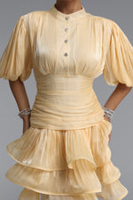 Lade Bild in die Galerieansicht, Fagra Resort Flowy Puff Sleeve Ruffle Shimmer Satin Mini Dress