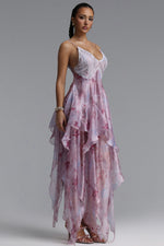 Load image into Gallery viewer, Yuni Resort Flowy Spaghetti Strap Lace Trimmed Asymmetric Ruffle Woven Maxi Dress	