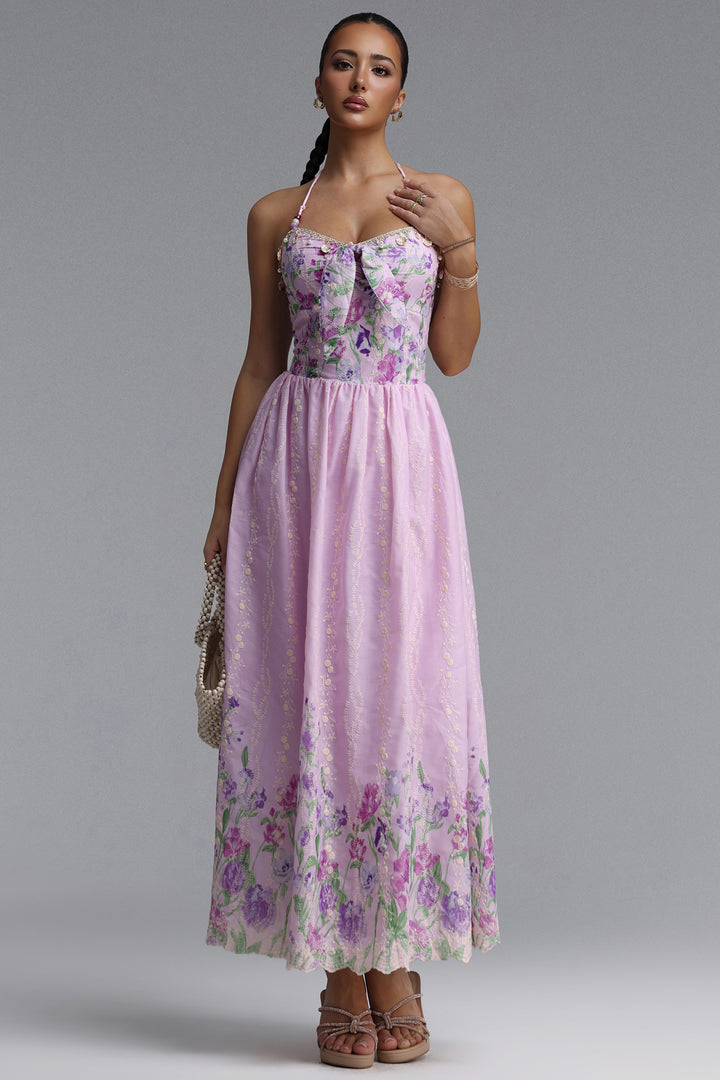 Emory Resort Flowy Spaghetti Strap Bow Floral Print Woven Maxi Dress	