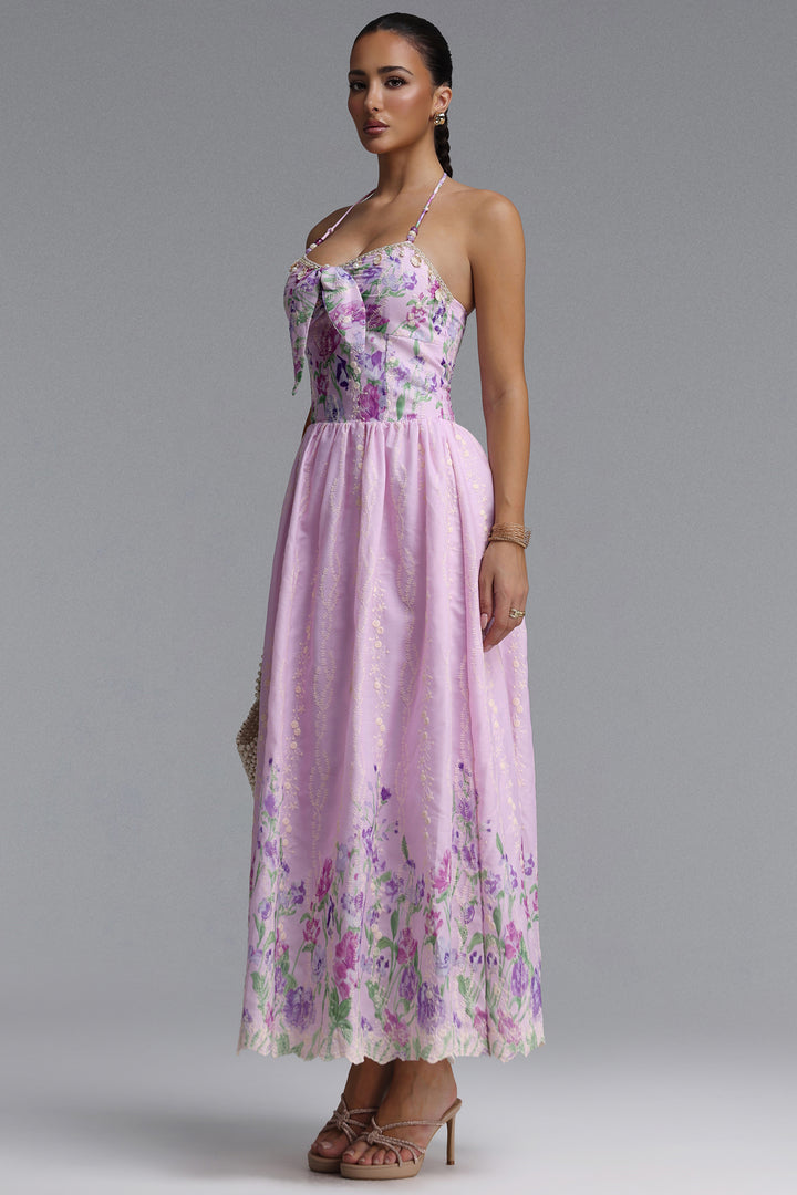 Emory Resort Flowy Spaghetti Strap Bow Floral Print Woven Maxi Dress	