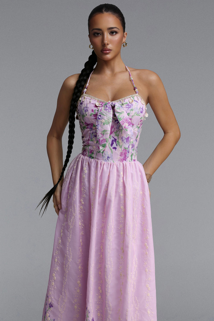 Emory Resort Flowy Spaghetti Strap Bow Floral Print Woven Maxi Dress	