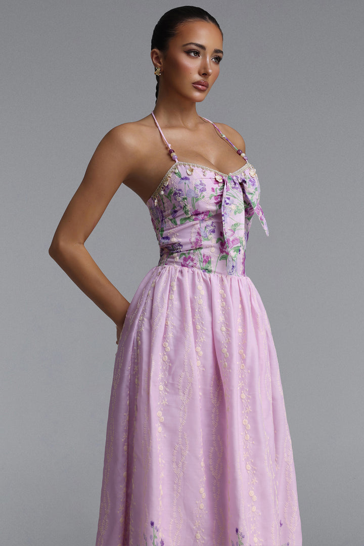 Emory Resort Flowy Spaghetti Strap Bow Floral Print Woven Maxi Dress	