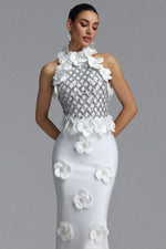 Load image into Gallery viewer, Jacqueline Gorgeous Slim Pearl Floral Bandage Beige Black Maxi Evening Dress