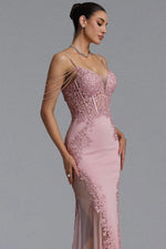 Load image into Gallery viewer, Encho Elegant Waist-Cinching Thin Strap V-Neck Off-Shoulder Tassel Lace Floral Mesh Bodycon Mermaid Maxi Evening Dress
