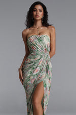Load image into Gallery viewer, Vinly Romantic Contour Strapless High Slit Ruched Floral Print Mesh Maxi Dress