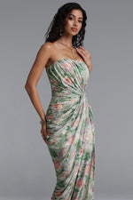 Load image into Gallery viewer, Vinly Romantic Contour Strapless High Slit Ruched Floral Print Mesh Maxi Dress