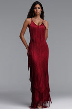 Lade Bild in die Galerieansicht, Alex Classic Contour V Neck Layered Fringe Bandage Red Maxi Dress
