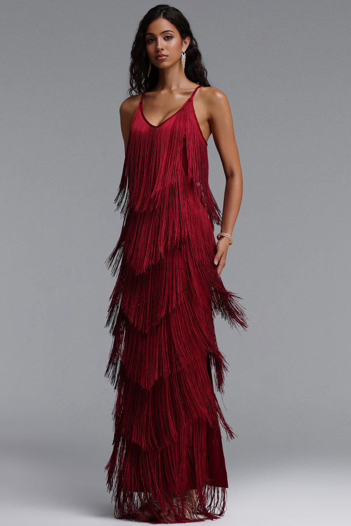 Alex Classic Contour V Neck Layered Fringe Bandage Red Maxi Dress
