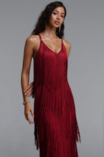 Lade Bild in die Galerieansicht, Alex Classic Contour V Neck Layered Fringe Bandage Red Maxi Dress