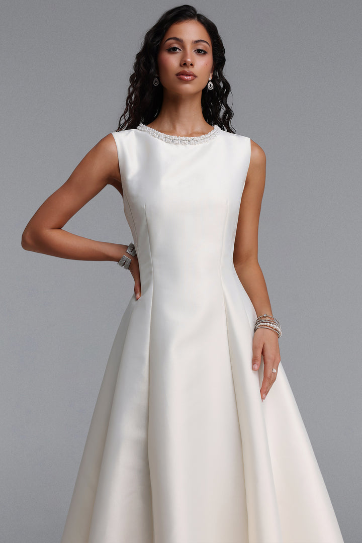 Velma Minimalist Cinched-Waist Sleeveless Pearl Rhinestone A-Line Maxi Dress