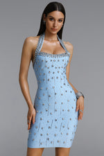 Charger l'image dans la visionneuse de la Galerie, Manik Glamorous Contour Halter Rhinestone Blue Blue Bandage Mini Dress